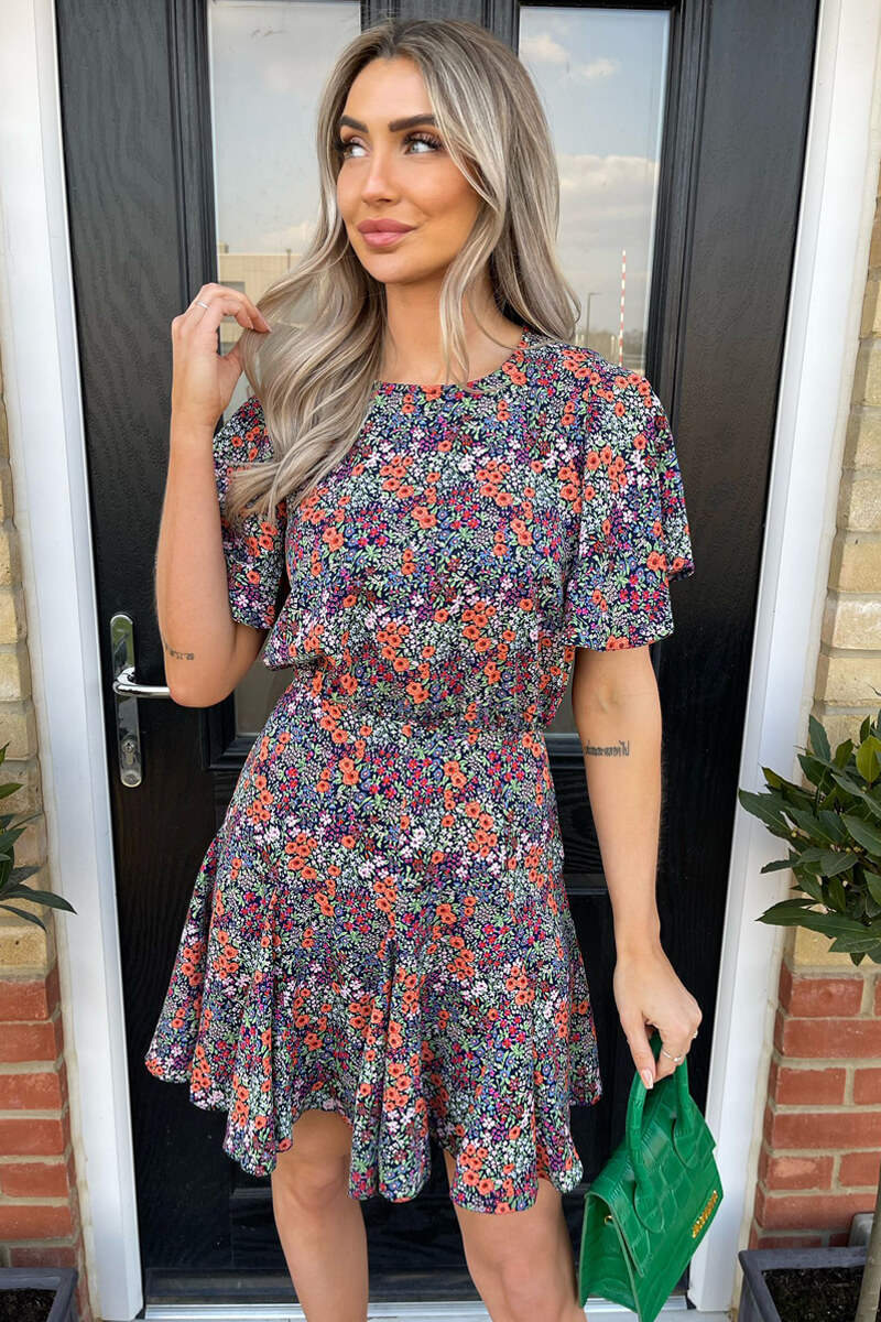 Navy And Orange Floral Print Pleated Mini Dress