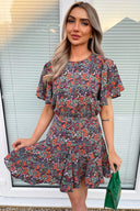 Navy And Orange Floral Print Pleated Mini Dress