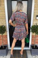 Navy And Orange Floral Print Pleated Mini Dress