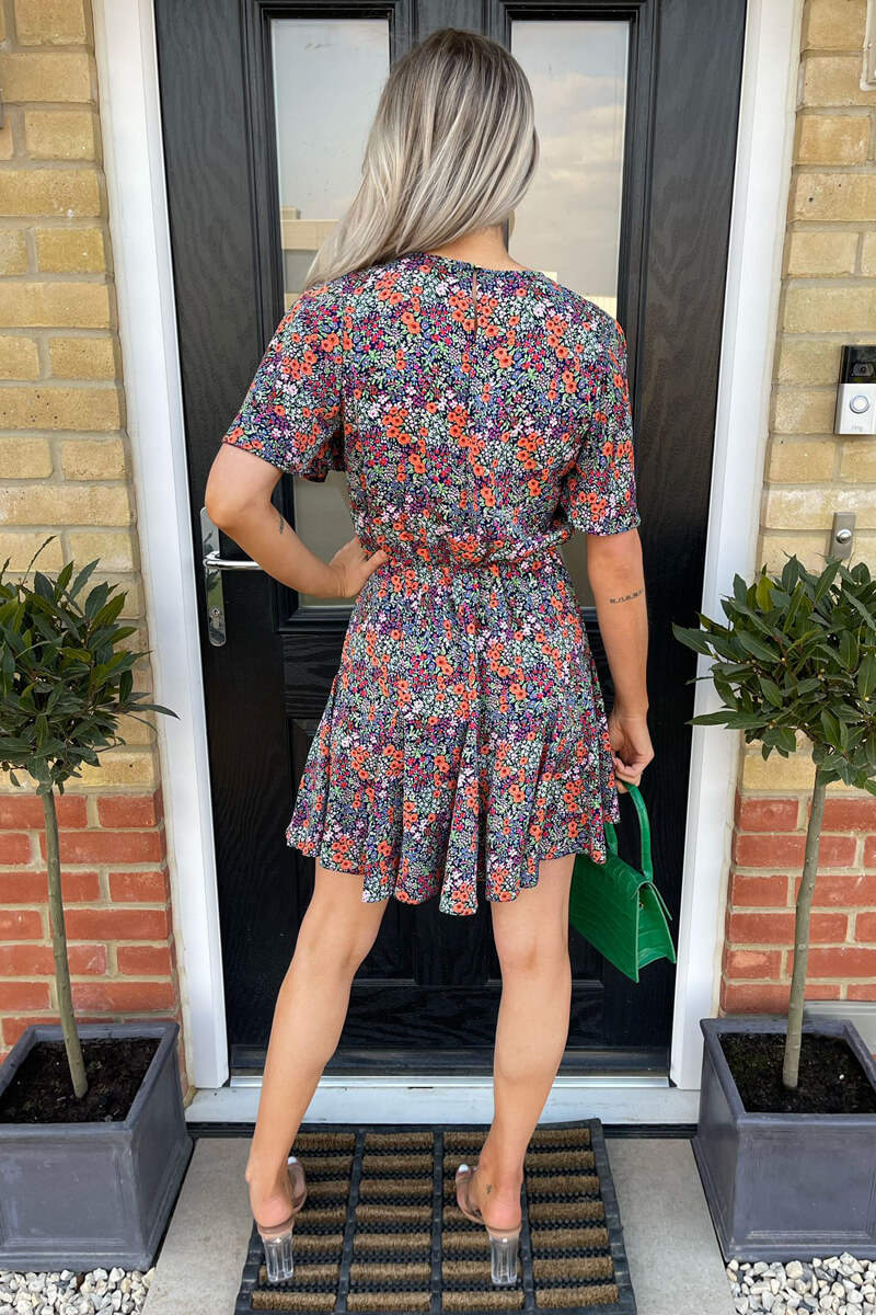 Navy And Orange Floral Print Pleated Mini Dress