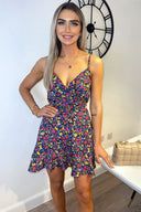 Navy Floral Printed Wrap Top Mini Skater Dress