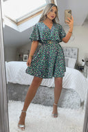 Navy And Green Printed Wrap Over Belted Skater Dress