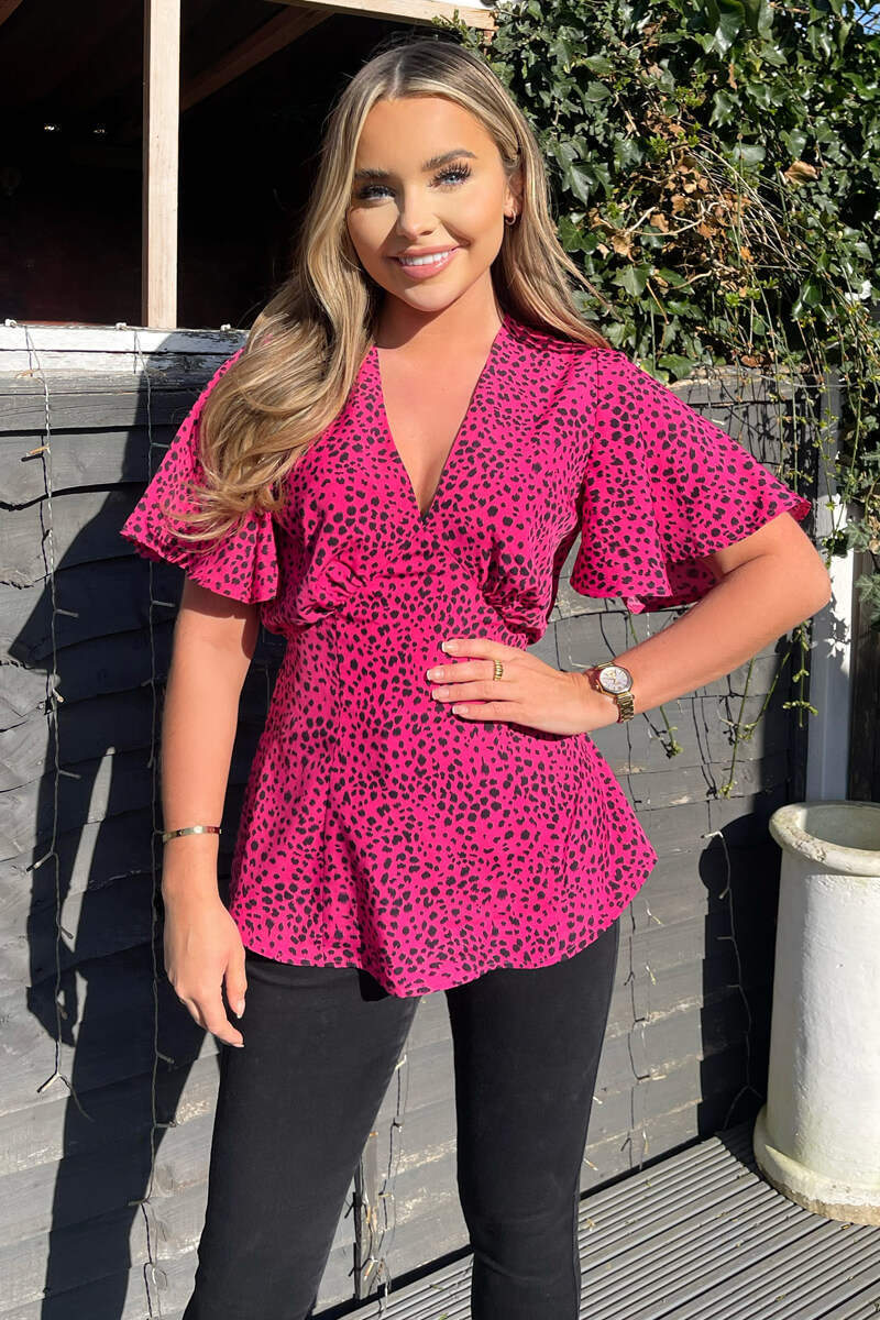 Pink And Black Printed V-Neck Top