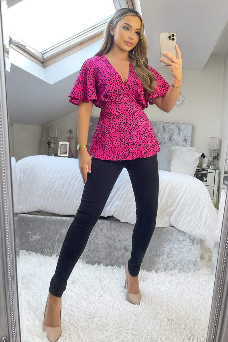 Pink And Black Printed V-Neck Top
