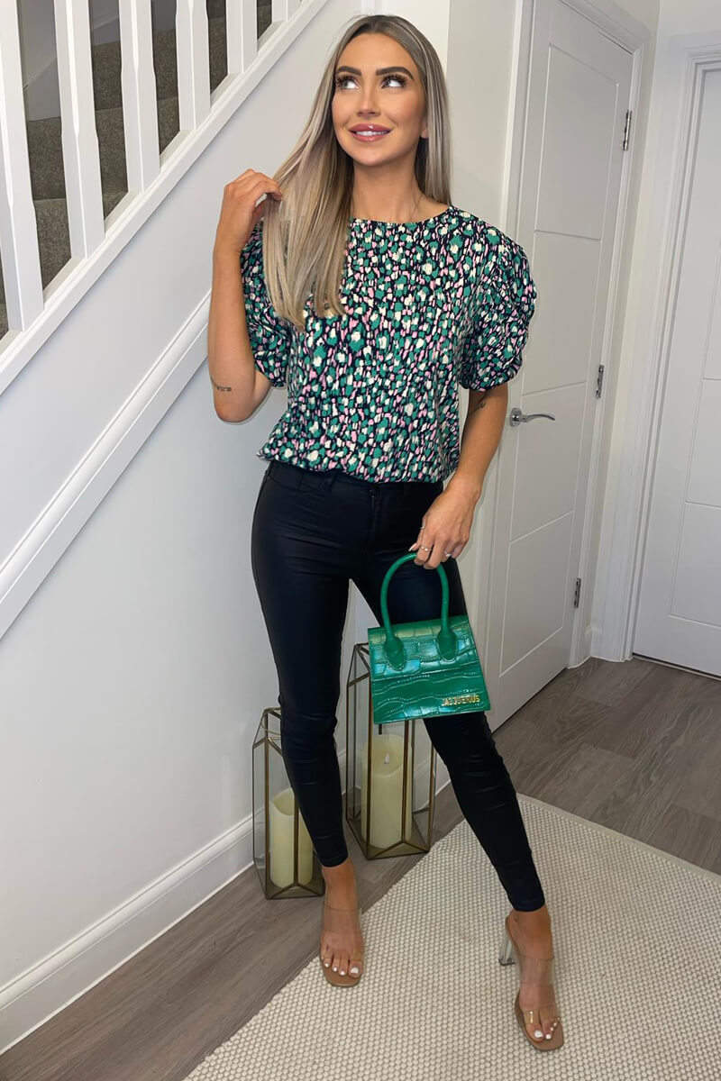 Navy Green And Pink Printed Balloon Sleeve Top