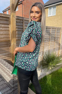 Navy Green And Pink Printed Balloon Sleeve Top