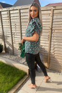 Navy Green And Pink Printed Balloon Sleeve Top