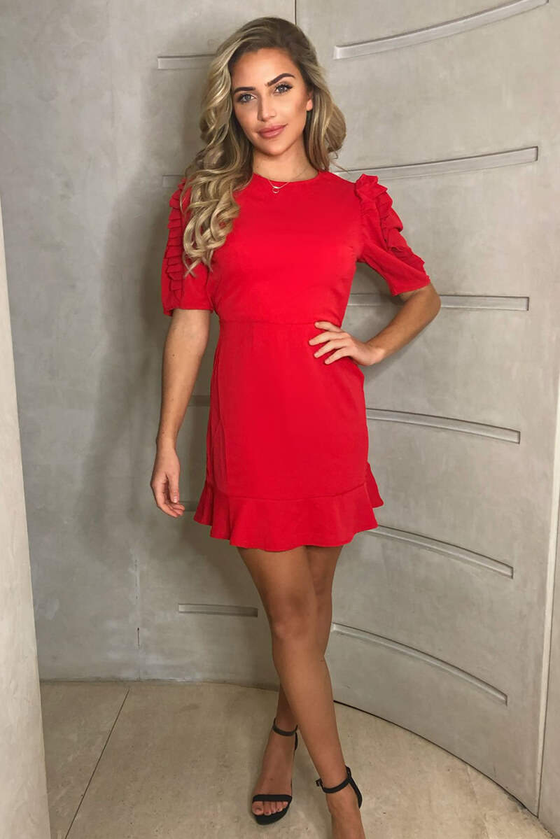 Red Pleated Short Sleeve Skater Dress