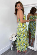 Lime Printed Cowl Neck Frill Hem Midi Dress