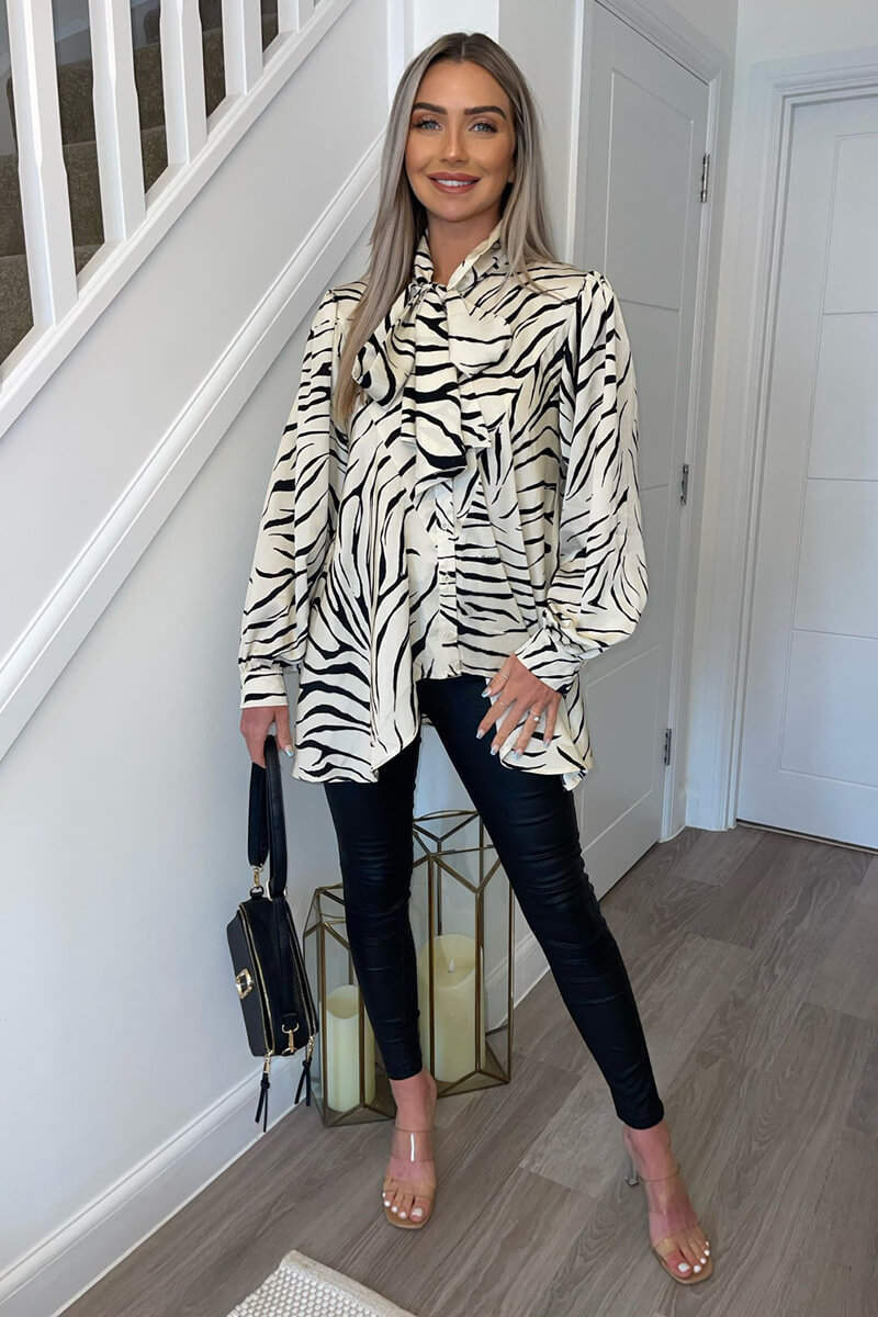 Stone Animal Print Satin Tie Neck Shirt