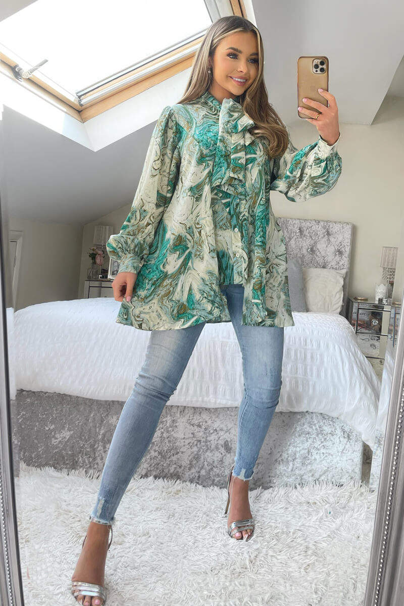 Green Marble Print Tie Neck Shirt