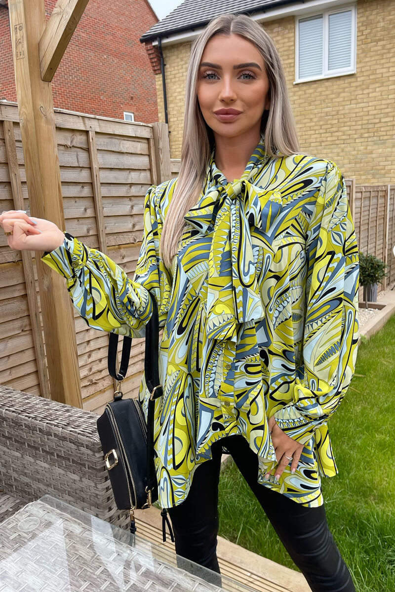 Lime Printed Tie Neck Shirt