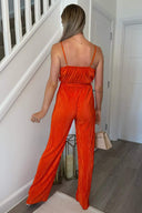 Orange Wrap Top Tie Waist Full Length Plisse Jumpsuit