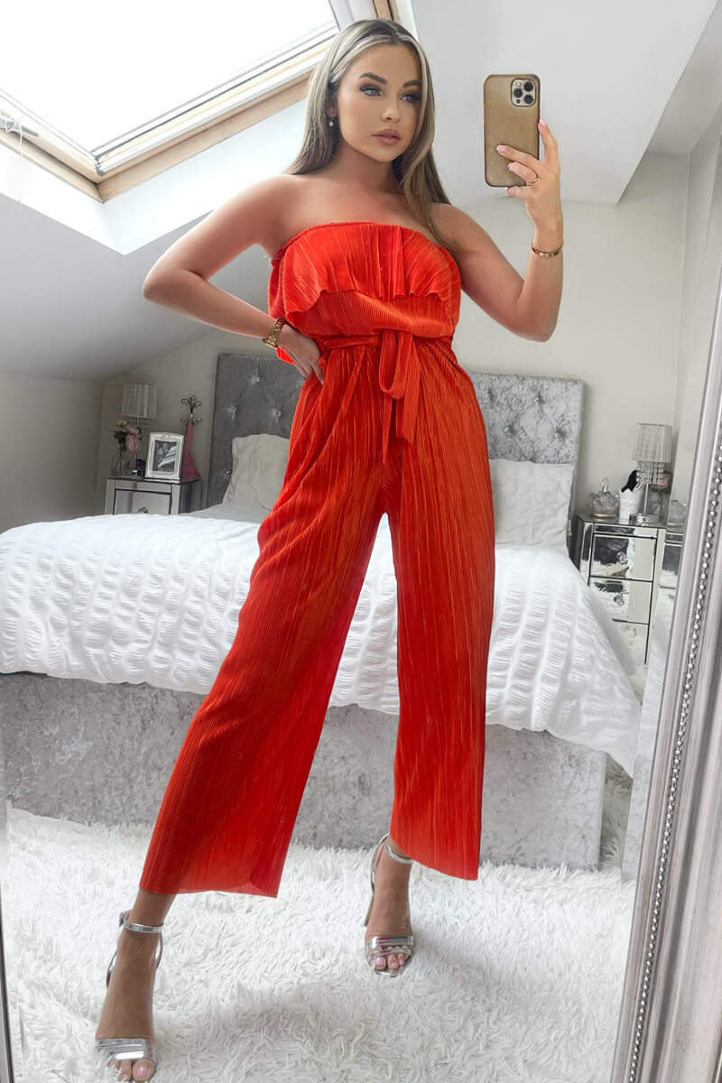 Orange Plisse Bardot Jumpsuit AX Paris