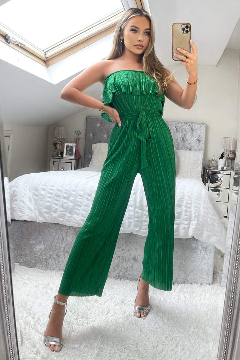 Jade Green Plisse Bardot Jumpsuit