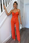 Orange V-Buckle Belted Full Length Jumpsuit