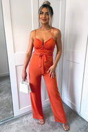 Orange V-Buckle Belted Full Length Jumpsuit