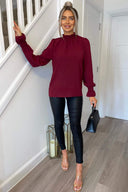 Wine Elasticated Cuff And Neck Long Sleeve Top