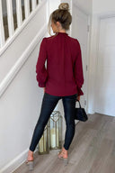 Wine Elasticated Cuff And Neck Long Sleeve Top