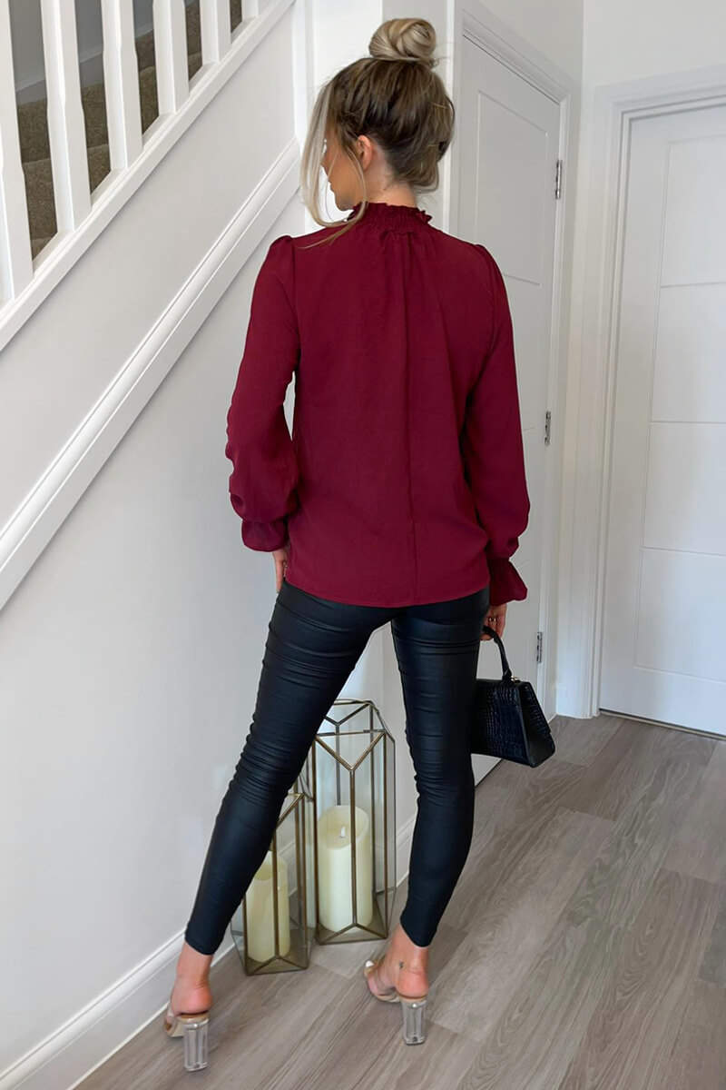 Wine Elasticated Cuff And Neck Long Sleeve Top
