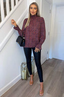 Black and Red Floral Print High Neck Elasticated Top