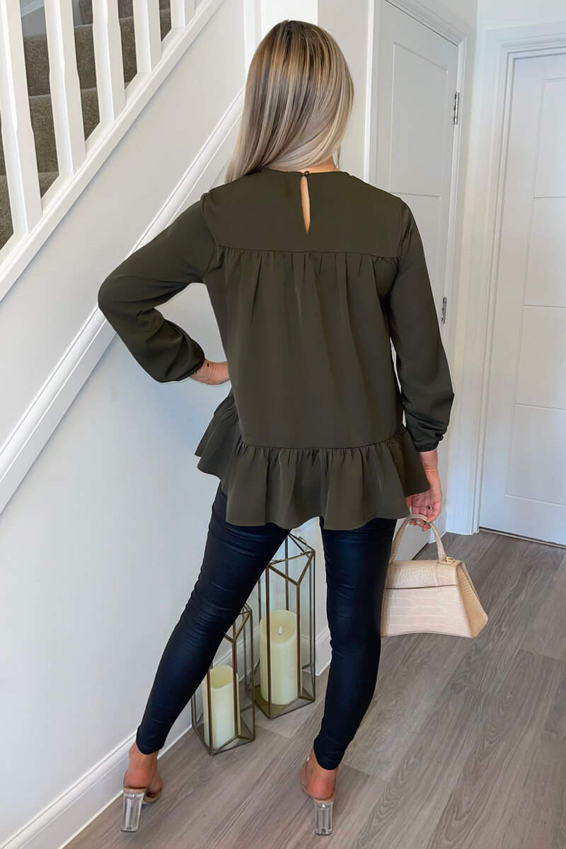 Olive Long Sleeve Round Neck Smock Top