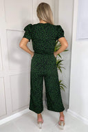 Green Animal Print Round Neck Short Sleeve Jumpsuit
