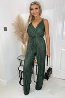 Khaki Wrap Top Tie Waist Full Length Plisse Jumpsuit