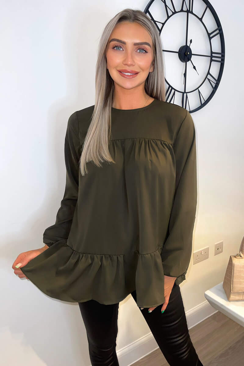 Olive Long Sleeve Round Neck Smock Top