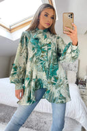 Green Marble Print Tie Neck Shirt