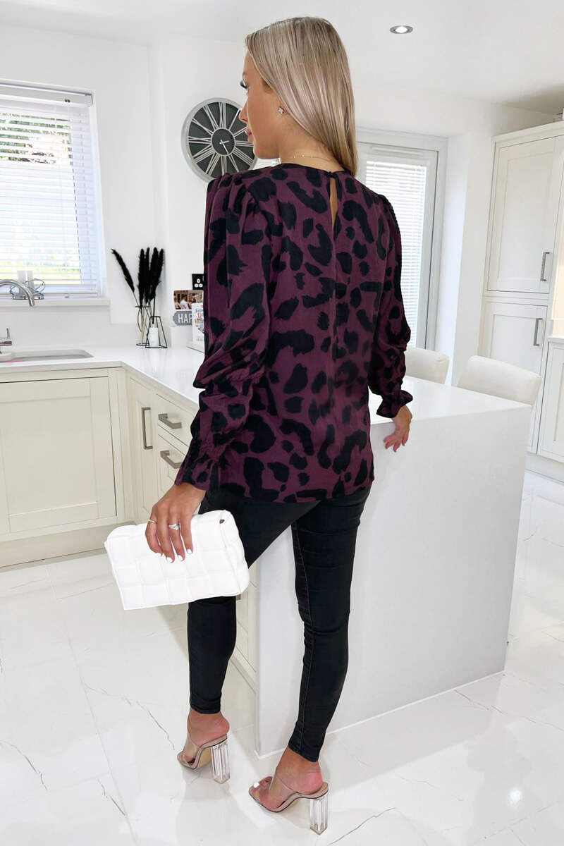 Plum And Black Animal Print Long Sleeve Top