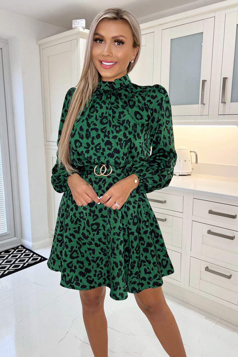 Green And Black Animal Print High Neck Belted Mini Skater Dress AX Paris Green And Black Animal Print High Neck Belted Mini Skater Dress AX Paris