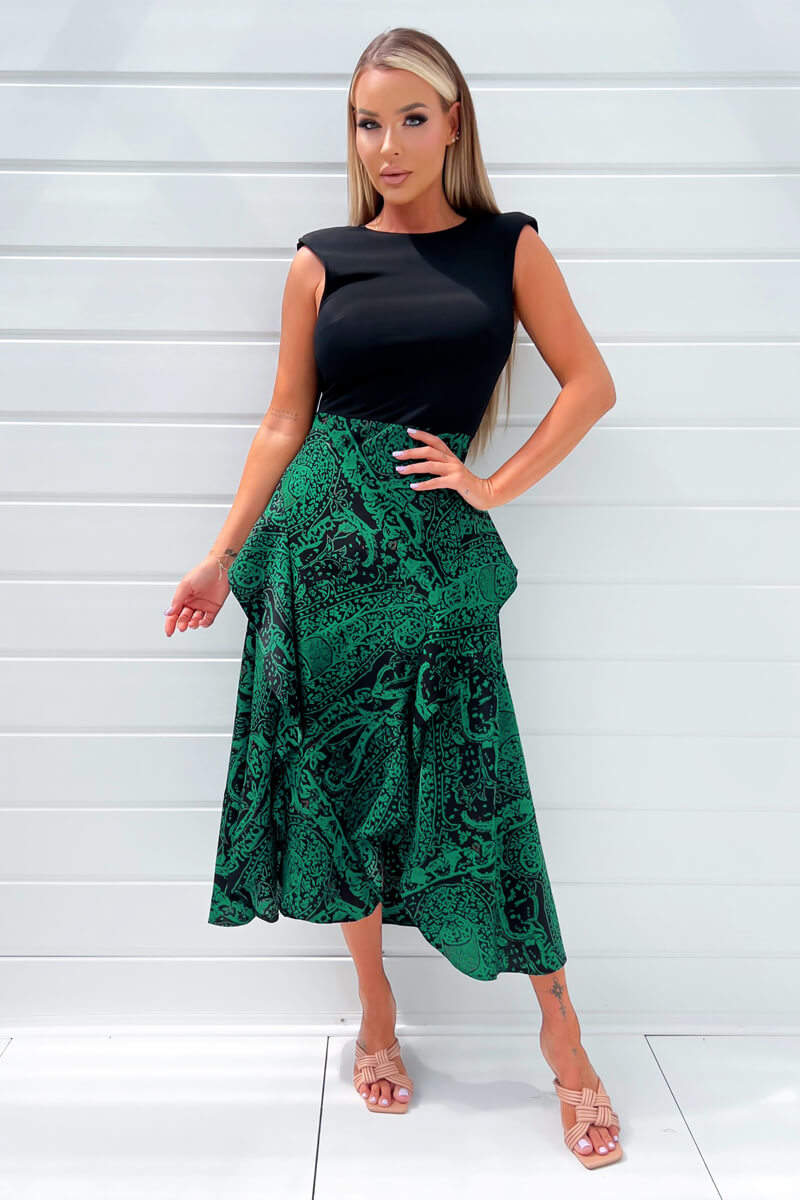 Green And Black Printed 2 In 1 Padded Shoulder Midi Dress