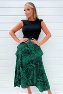 Green And Black Printed 2 In 1 Padded Shoulder Midi Dress