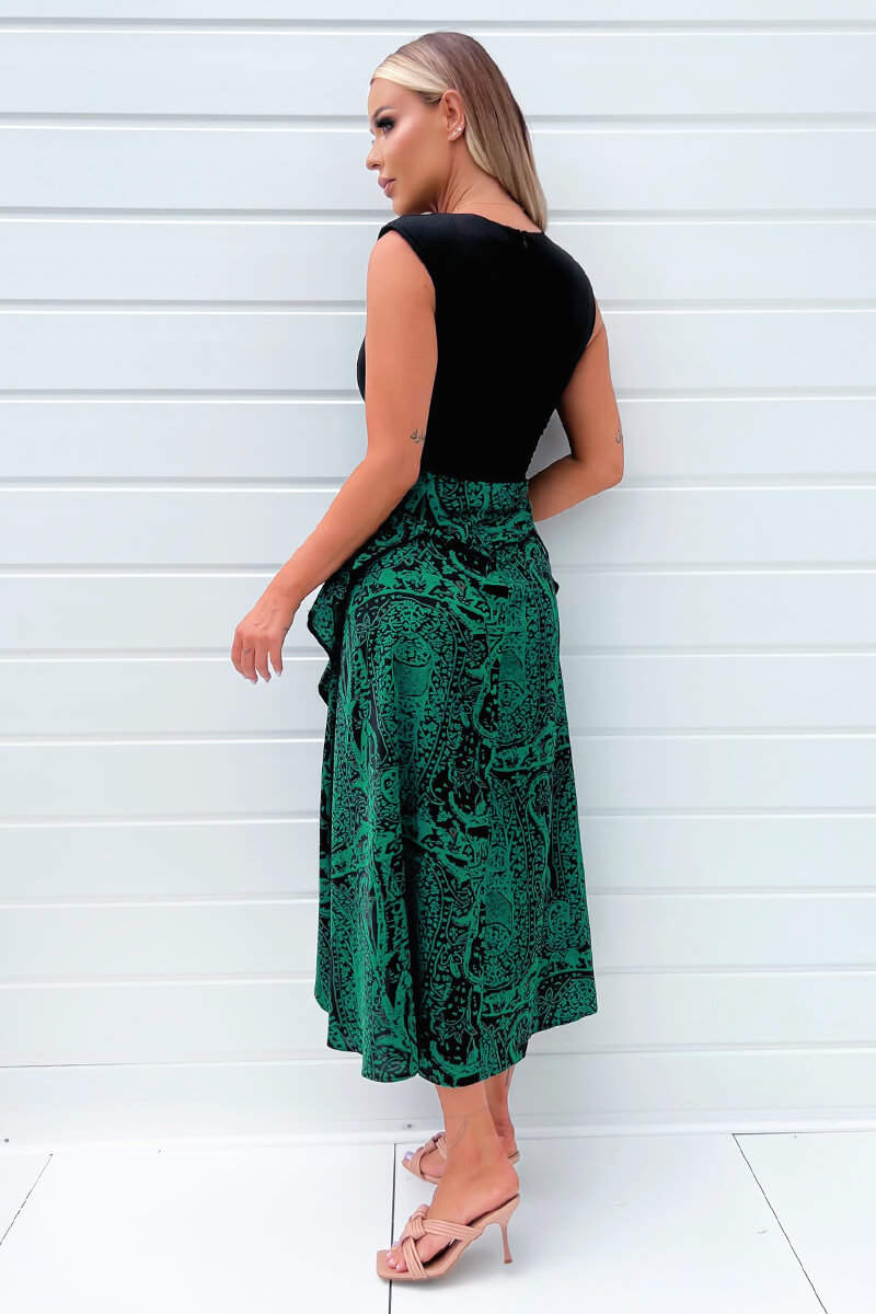 Green And Black Printed 2 In 1 Padded Shoulder Midi Dress