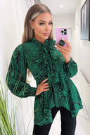 Green Printed Tie Neck Blouse