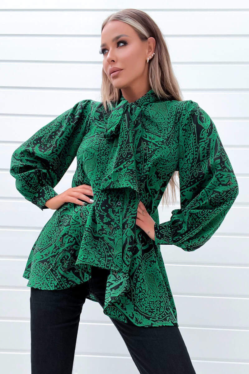 Green Printed Tie Neck Blouse