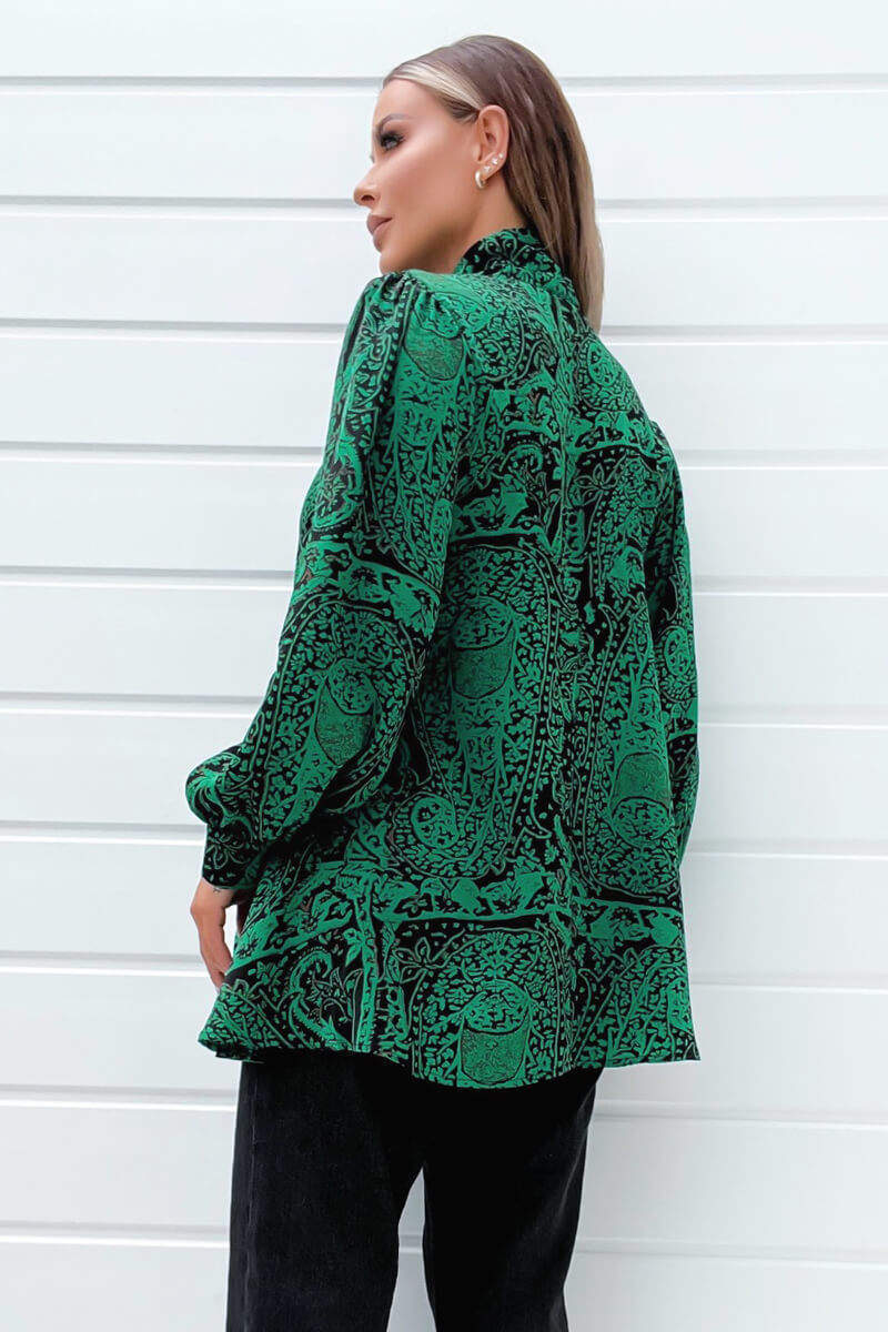 Green Printed Tie Neck Blouse