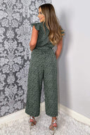 Sage And Black Printed Wrap Front Belted Jumpsuit