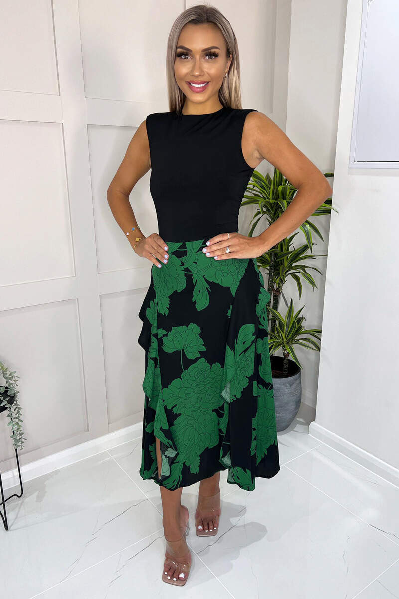 Green And Black Floral Print 2 in 1 Midi Dress