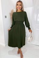 Olive Elasticated Waist Midi Dress With Split