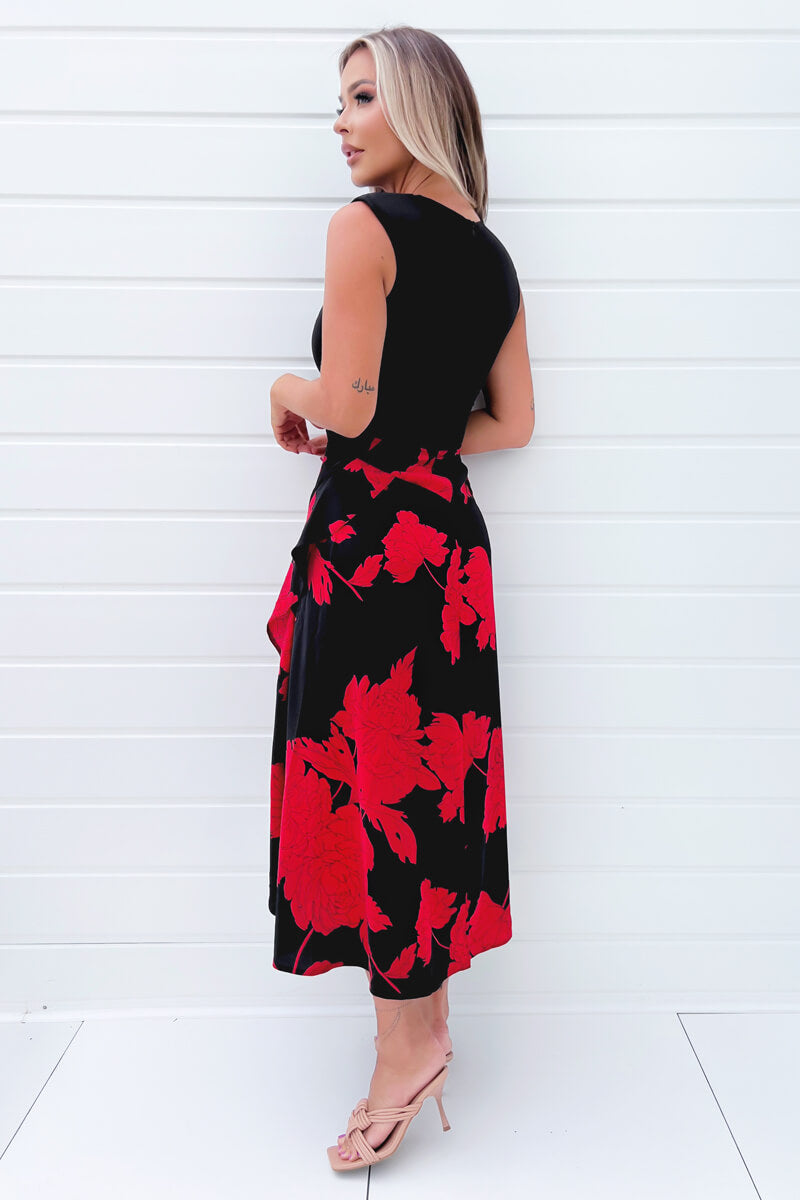 Red and Black Floral Print 2 in 1 Midi Dress