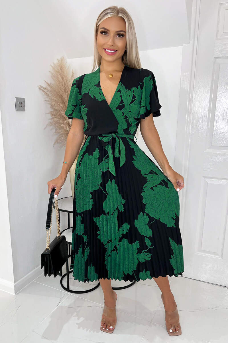 Black And Green Floral Pleated Midi Dress – AX Paris