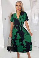 Black And Green Floral Pleated Midi Dress