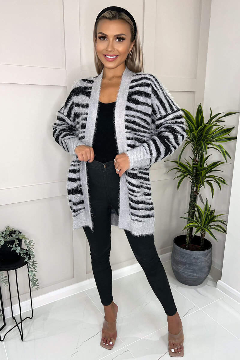 Grey And Black Fluffy Knit Long Sleeve Animal Print Cardigan