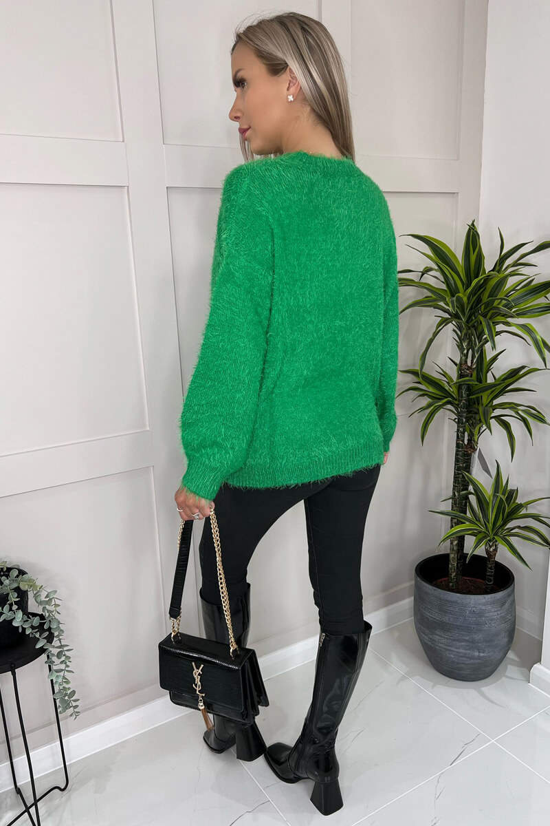 Green Soft Knit Round Neck Long balloon Sleeve Knitted Jumper