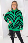 Green Animal Print Long Sleeve High Neck Soft Knitted Jumper