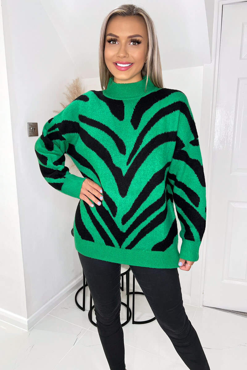 Green Animal Print Long Sleeve High Neck Soft Knitted Jumper