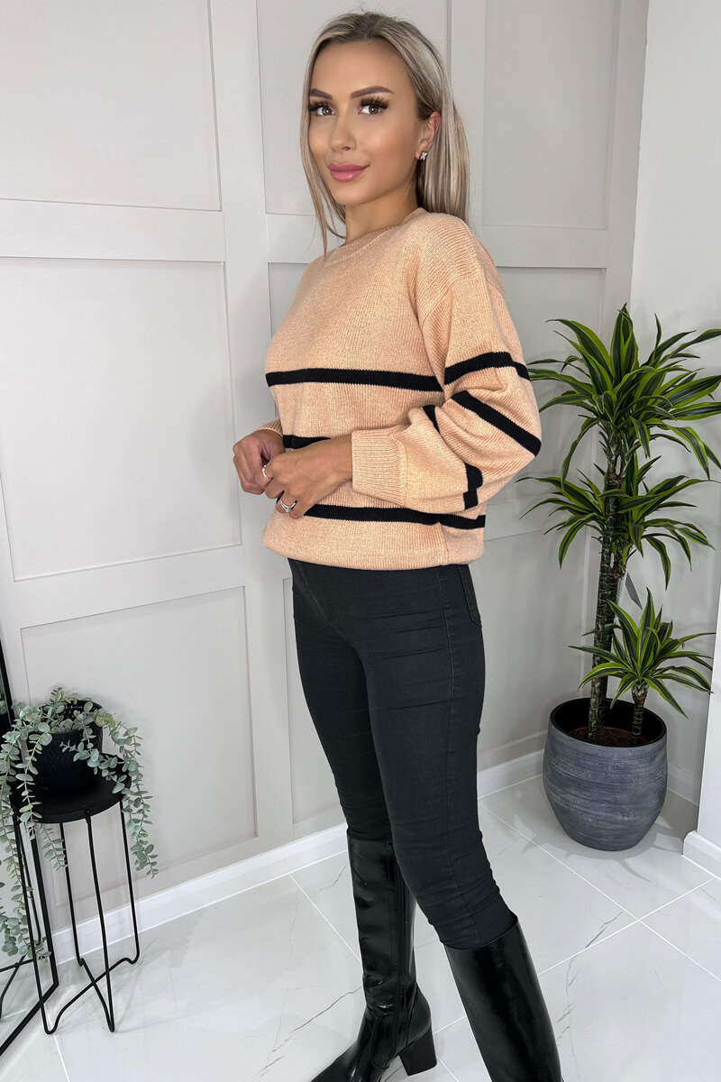 Mocha And Black Striped Print Long Sleeve Round Neck Knitted Jumper