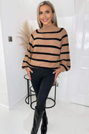 Camel And Black Striped Balloon Sleeve High Neck Knitted Jumper